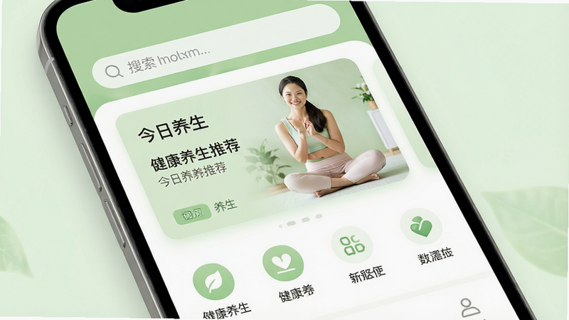 一张高清手机应用界面展示图,主体为“健康养生”APP首页,布局清晰,上方是搜索栏,中间是“今日养生”推荐卡片,下方是分类图标,风格简约清新,色调以淡绿和白色为主,细节精致,画质4k,无多余元素,文字“健康养生”清晰可见