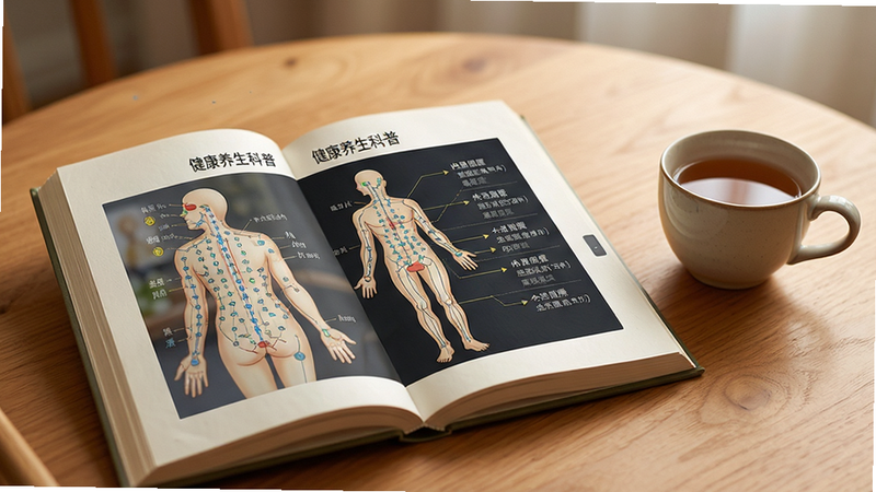 一本打开的电子书籍界面,书页上显示着中医穴位图,旁边有一杯茶,背景是温馨的木质桌面,光线柔和,风格写实,细节丰富,文字“健康养生科普”隐约可见,画质清晰,干净背景