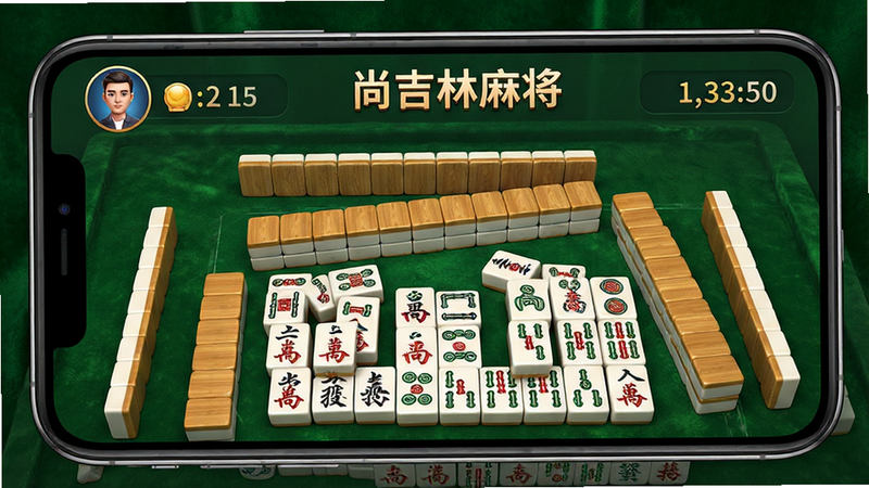 主体为手机屏幕特写,显示《尚尚吉林麻将》游戏主界面,布局清晰,上方显示玩家头像与积分,中间是整齐的麻将牌局,牌面纹理清晰可见,背景为深绿色绒布质感,风格写实且精致,细节丰富,画质高清,干净无多余元素,文字