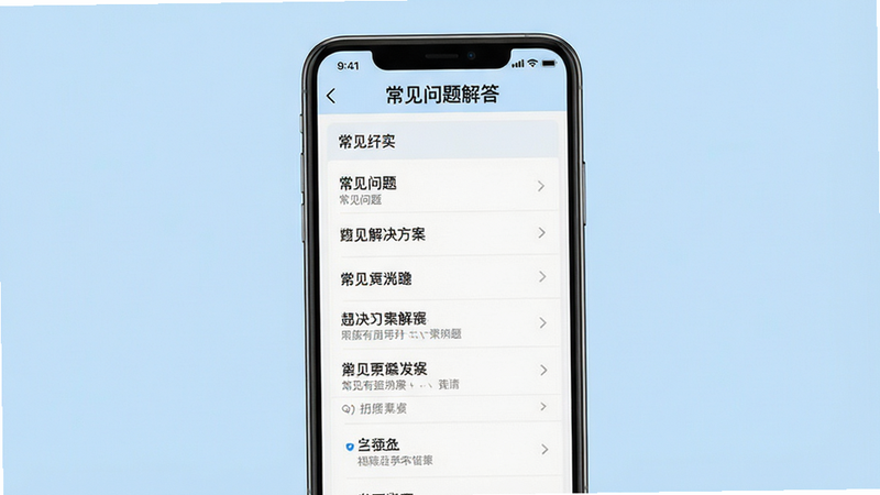 主体为手机屏幕显示故障排查界面,列表形式展示常见问题与解决方案,布局清晰整齐,背景浅蓝色,风格简洁明了,细节清晰,画质高清,干净,无多余元素,文字