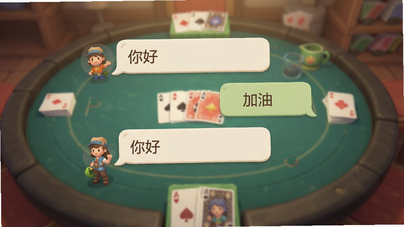 主体为游戏内聊天界面,显示几个气泡对话框,背景为模糊的牌桌,布局居中,风格温馨友好,色彩柔和,细节丰富,画质高清,干净,无多余元素,文字
