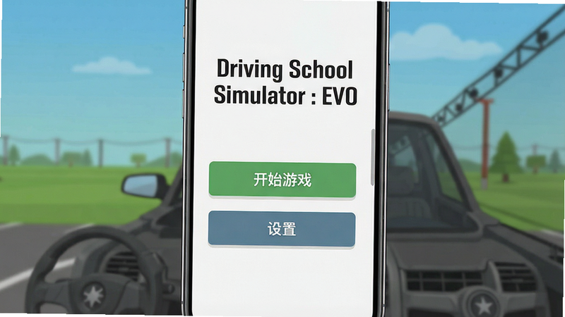 一张高清晰度的手机屏幕截图展示界面,主体为“Driving School Simulator : EVO”游戏主菜单,布局居中,排版整洁,风格现代扁平化,细节包含“开始游戏”、“设置”按钮,画质高清,干净无多余元素