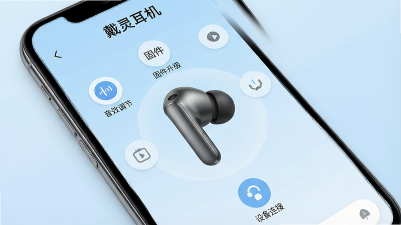 一张高清写实风格的手机屏幕界面展示图,主体为一部现代智能手机,屏幕上显示着“戴灵耳机”APP的主界面,界面中心是一个精致的无线耳机3D模型,周围环绕着简洁的圆形功能图标如“音效调节”、“固件升级”、“设备连接”,背景为柔和的浅蓝色渐变,整体布局清晰整洁,扁平化设计风格,细节丰富,4k高清,无多余杂乱元素