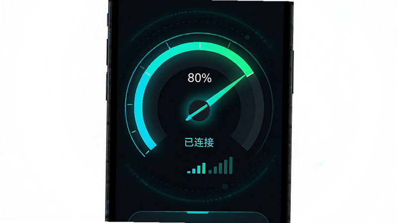 手机屏幕UI设计图,展示一个圆形的电量仪表盘,指针指向80%,下方显示“已连接”状态,旁边有信号强度格数,界面采用深色模式,霓虹蓝绿色点缀,科技感十足,排版紧凑有序,高清渲染,无噪点