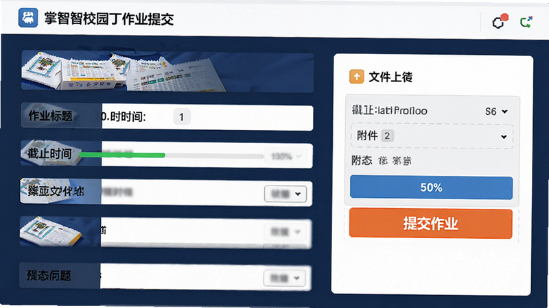 主体为掌心智校园丁作业提交页面,布局为表单与文件上传区结合,显示作业标题、截止时间及附件预览。排版逻辑清晰,风格专业严谨,细节处有进度条与状态标识。画质高清,画面整洁,无干扰元素,文字