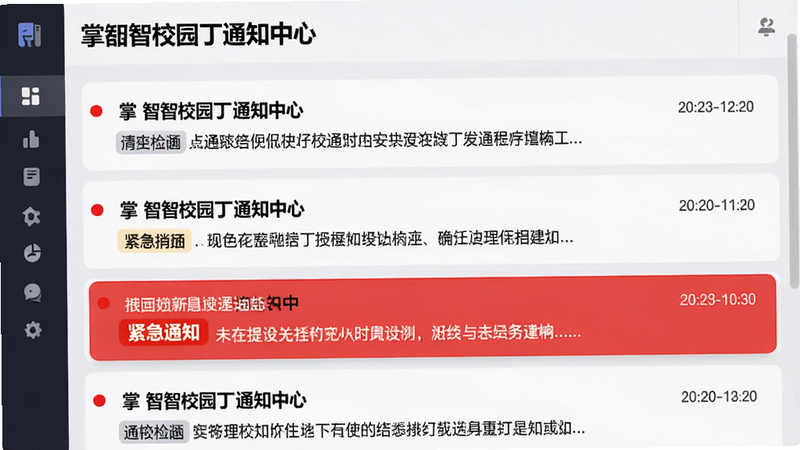 主体为掌心智校园丁通知中心界面,布局为列表式,每条通知包含标题、摘要及时间戳,高亮显示未读消息。排版紧凑,风格商务简洁,细节处有红点提示与分类标签。画质清晰,画面干净,无多余装饰,文字