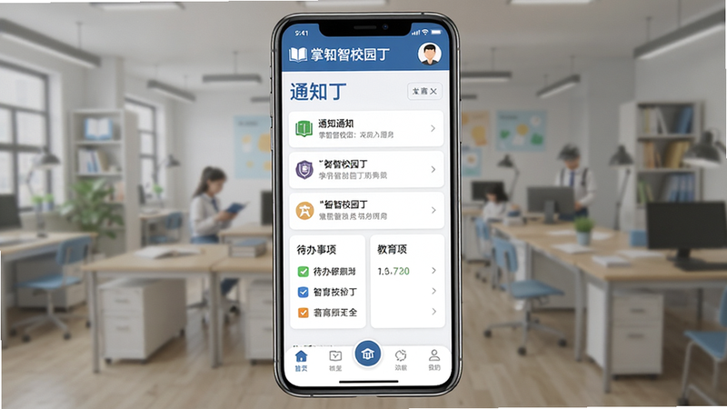 主体为掌心智校园丁安卓APP界面展示,布局清晰,顶部显示学校名称与用户头像,中部为醒目的通知列表与待办事项卡片,底部为功能导航栏。排版简洁有序,风格现代扁平化,细节处体现教育科技元素,如书本、校徽图标。画质高清,画面干净,无多余元素,文字清晰可见