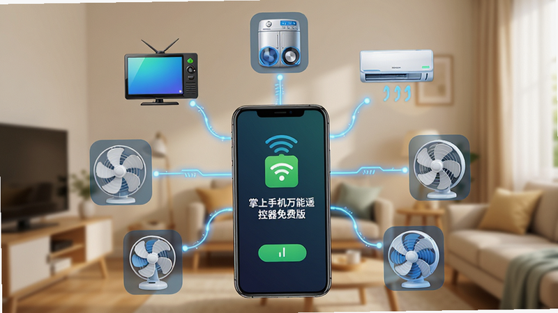 主体为多个不同品牌的家电图标(电视、空调、风扇)环绕着手机,屏幕显示“掌上手机万能遥控器免费版”配对成功界面,布局呈辐射状,排版整齐,风格科技感与居家感结合,细节展示连接线条,画质清晰,干净,无多余元素
