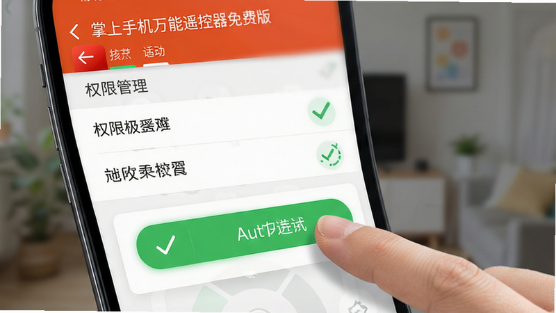 主体为手机设置界面,显示“掌上手机万能遥控器免费版”权限管理页面,手指点击授权按钮,背景为半透明模糊,布局突出权限列表,排版清晰,风格警示与指引结合,细节展示勾选状态,画质高清,干净,无多余元素