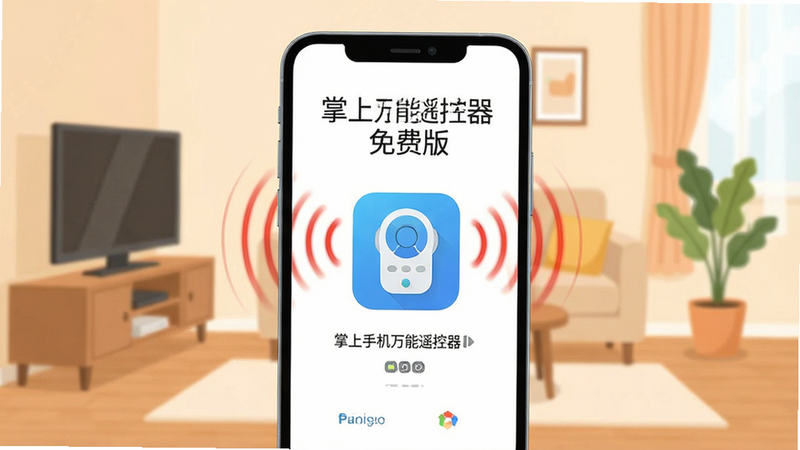主体为一只现代智能手机,屏幕显示“掌上手机万能遥控器免费版”应用界面,背景为温馨简约的客厅场景,布局中心突出手机,排版清晰,风格为扁平化设计,细节展现红外信号波纹,画质高清,干净,无多余元素