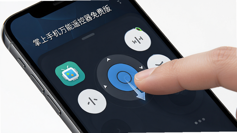 主体为手机屏幕上的自定义拖拽编辑界面,显示“掌上手机万能遥控器免费版”应用,手指正在拖动按键,布局动态感强,排版灵活,风格现代简约,细节展示拖拽轨迹,画质清晰,干净,无多余元素