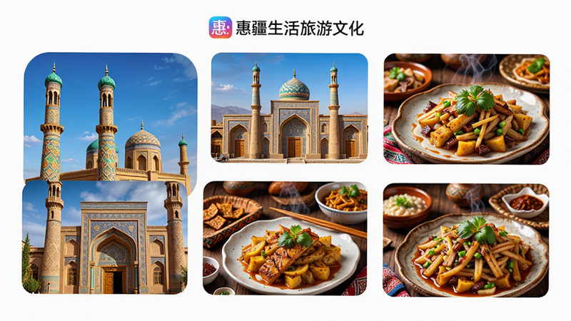 惠疆生活App旅游文化板块,展示新疆特色建筑与美食图片,色调鲜艳,布局富有层次感,突出文化特色,高清细节,无文字遮挡,纯净背景