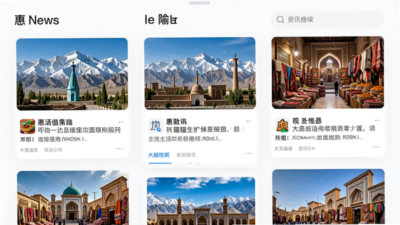 惠疆生活App资讯模块界面示意图,展示新闻列表卡片,每张卡片配有新疆地标图片如天山、大巴扎,文字清晰,排版紧凑,现代UI设计风格,高保真,无水印,干净背景