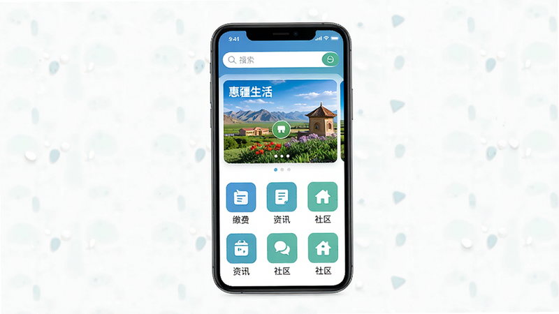 一张高清扁平化风格的应用界面全景图,主体为惠疆生活App首页,界面包含顶部搜索栏、中部轮播图展示新疆风景、下方网格状功能图标如缴费、资讯、社区,配色采用蓝绿清新色调,布局整洁有序,无多余装饰元素,4k高清,干净背景