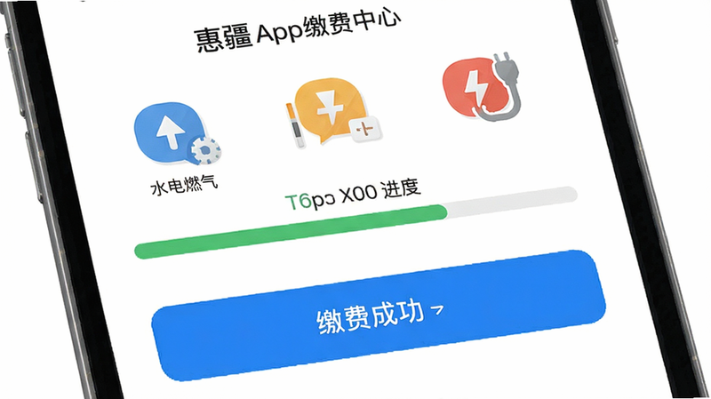 惠疆生活App缴费中心界面,显示水电燃气图标,进度条显示缴费成功,背景为简洁白色,蓝色主按钮突出,界面元素扁平化,细节精致,高分辨率,无杂乱元素