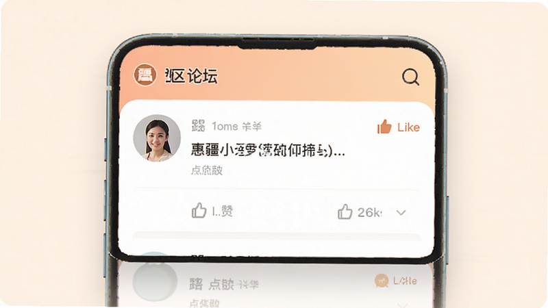 惠疆生活App社区论坛界面,展示用户头像、帖子标题及点赞数,色彩柔和,布局温馨,体现社交氛围,UI设计现代简约,清晰可读,高质量渲染,干净背景