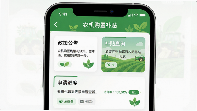 主体为智能手机屏幕,显示“农机购置补贴”APP首页界面,布局清晰分为政策公告、补贴查询、申请进度三大模块,排版整洁有序,风格为现代简约扁平化UI,细节处有绿色农业元素点缀,画质高清,干净,无多余元素