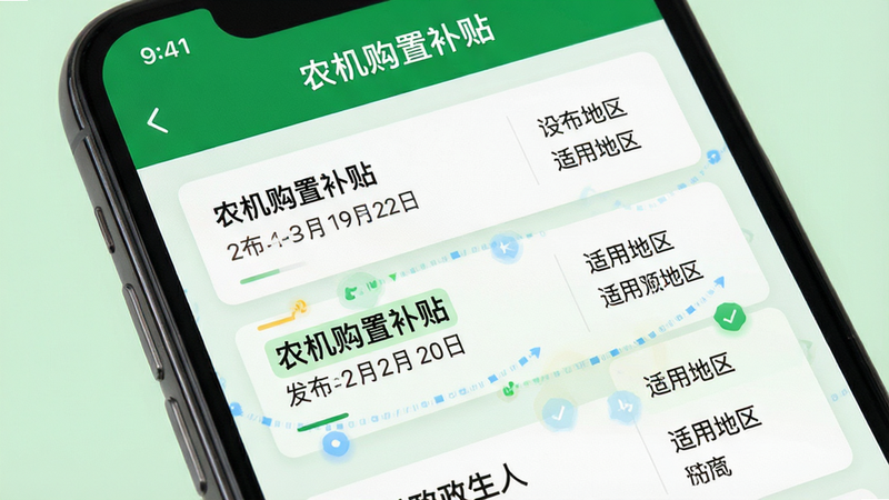 主体为手机屏幕特写,显示“农机购置补贴”APP内的政策列表页面,背景为淡绿色,文字清晰,布局为卡片式列表,每行包含政策标题、发布日期和适用地区,风格为清晰易读的数字界面,细节处有高亮标记重点政策,画质锐利,干净,无多余元素