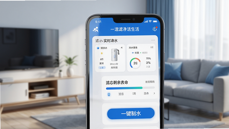 一张展示生活APP主界面的高质量渲染图,主体为手机屏幕,界面清晰显示净水器实时数据仪表盘、滤芯剩余寿命进度条以及一键制水按钮,背景为现代简约风格的客厅一角,光线柔和,色彩以蓝白为主,排版整洁,无多余元素,高清细腻,8k分辨率
