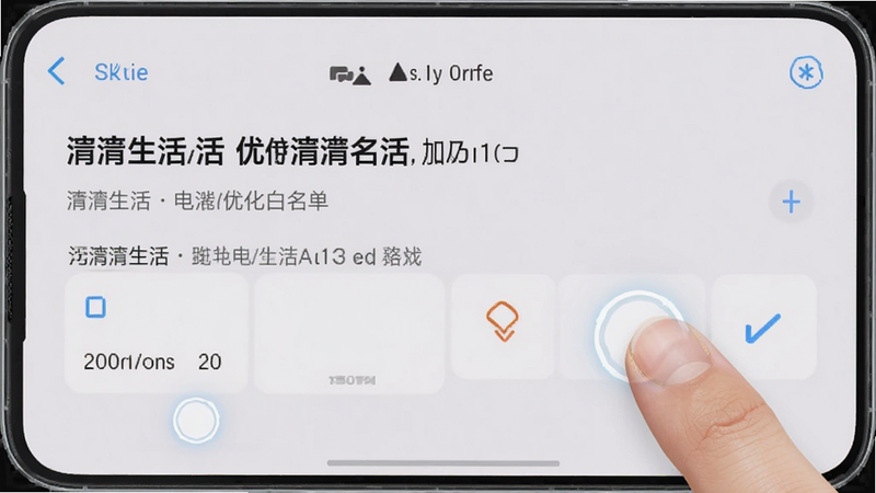 手机设置界面截图风格图,展示将生活加入电池优化白名单的步骤,界面清晰,手指点击动作示意,背景为浅灰色,文字清晰可读,无杂乱元素,高保真UI设计