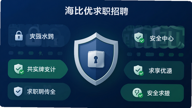 ����Ϊ��������ְ��ƸAPP�İ�ȫ���Ľ��棬����Ϊ����ͼ����У���Χ���ư�ȫ����ѡ��Ű�Գ�ƽ�⣬���Ϊ����רҵ��ϸ�ڰ�����ͷͼ�ꡢ����ͼ�Ρ���ɫ�Թ���ɫ������������ɫΪ�������ʸ߱��棬�ɾ����޶���Ԫ�أ�������ʾΪ