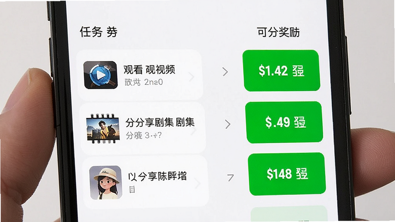 手机屏幕显示任务列表,包含观看视频、分享剧集等任务项,右侧显示可获得的积分奖励,界面清晰,绿色高亮完成状态,白色背景,简洁设计,高清画质