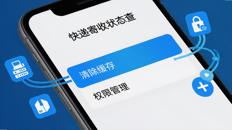 手机屏幕上显示着“快递寄收状态查”应用的设置界面,高亮显示着“清除缓存”和“权限管理”选项,周围环绕着表示数据流和连接安全的蓝色图标,风格扁平化,色彩鲜明,无杂乱背景,高清细节