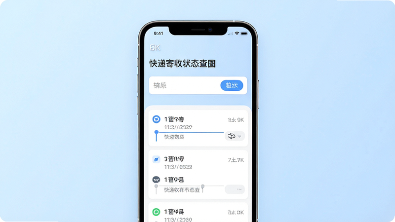 一张展示“快递寄收状态查”应用界面的高清UI设计图,主体为手机屏幕,显示着简洁的物流查询输入框和几条带有时间戳的物流轨迹列表,背景为柔和的浅蓝色渐变,风格现代简约,无多余装饰元素,文字清晰可见,画质8k,干净明亮