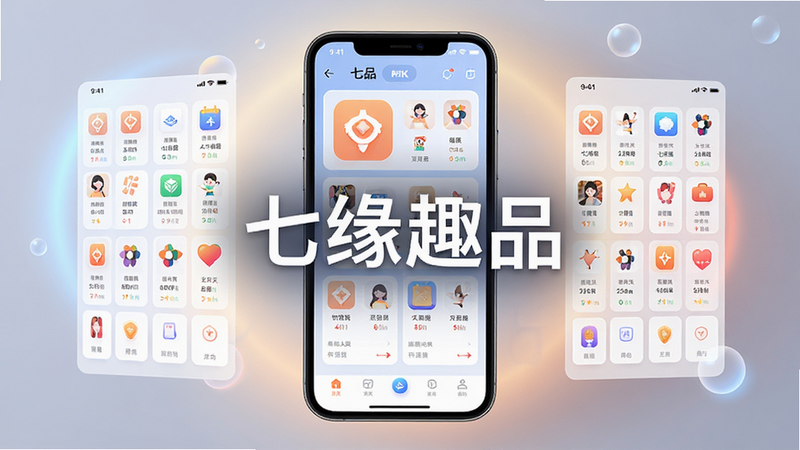 主体为七缘趣品APP界面全景展示,布局采用居中悬浮式卡片设计,排版整洁有序,风格为现代扁平化科技风,细节包含清晰的图标网格与柔和的背景光晕,画质高清8K,干净无多余元素,中间显著位置显示