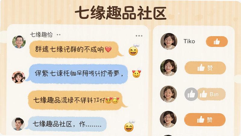 主体为七缘趣品社区界面示意图,布局为左右分栏,左侧为文字评论流,右侧为用户头像与点赞按钮,排版紧凑有序,风格为温馨社区风,细节包含对话气泡与表情符号,画质细腻,干净无杂色,背景显示