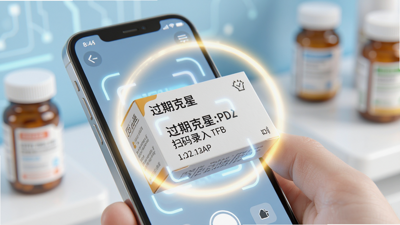 展示“过期克星”APP扫码录入功能的特写场景,画面中心是一台智能手机正在扫描一个印有日期的药盒包装,手机屏幕中清晰显示出识别出的文字信息,周围环绕着柔和的光晕效果,强调科技感与便捷性,背景虚化突出主体,构图平衡,色彩明亮清新,细节精致,体现高效操作体验,高质量渲染,无噪点