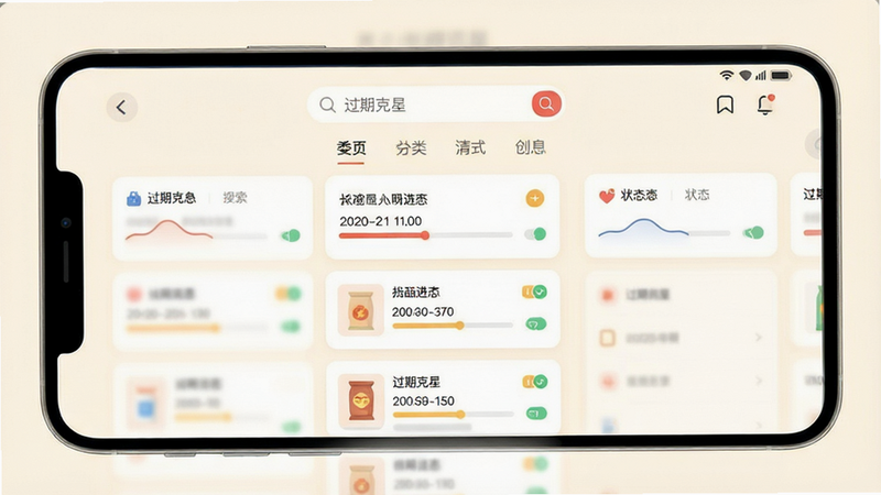 一张高清扁平化风格的手机应用界面全景图,主体为“过期克星”APP的主屏幕界面,背景为柔和的米白色,界面中心展示着清晰的物品列表卡片,卡片上印有清晰的日期进度条和状态图标,顶部有醒目的搜索栏和分类标签,整体布局整齐规整,视觉风格现代简约,色彩搭配温馨舒适,细节处体现科技感与人性化设计,画质超清,无多余杂乱元素,干净利落