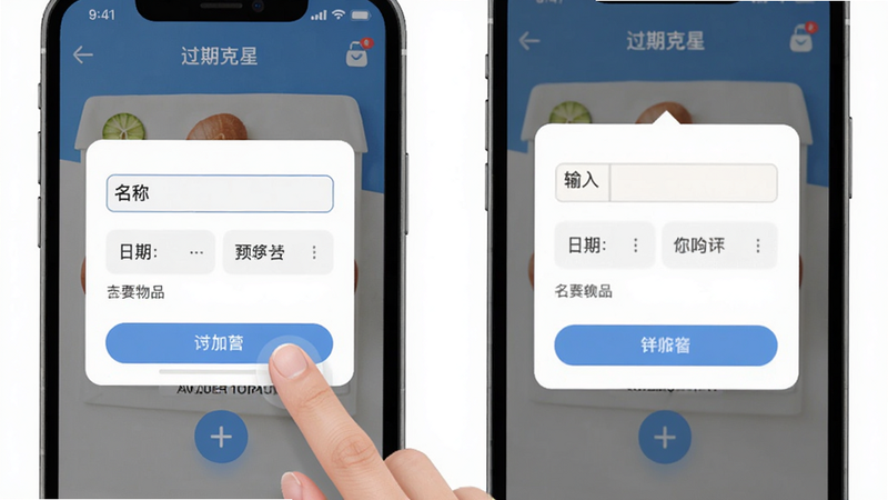 “过期克星”APP的主界面操作演示图,展示手指点击“+”号添加新物品的动作,界面弹窗显示输入框,包括名称、日期选择器等元素,布局清晰,交互逻辑直观,风格现代扁平,色彩柔和,细节丰富,体现易用性,高清渲染,无多余装饰