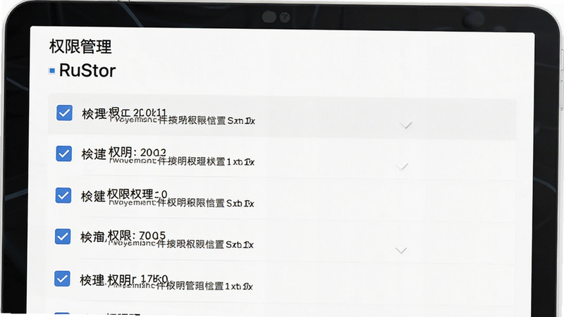 主体为RuStor文件管理权限设置界面,布局为列表式选项,排版清晰,风格为极简UI,细节展示勾选框与权限说明文字,画质高清,干净背景,文字显示