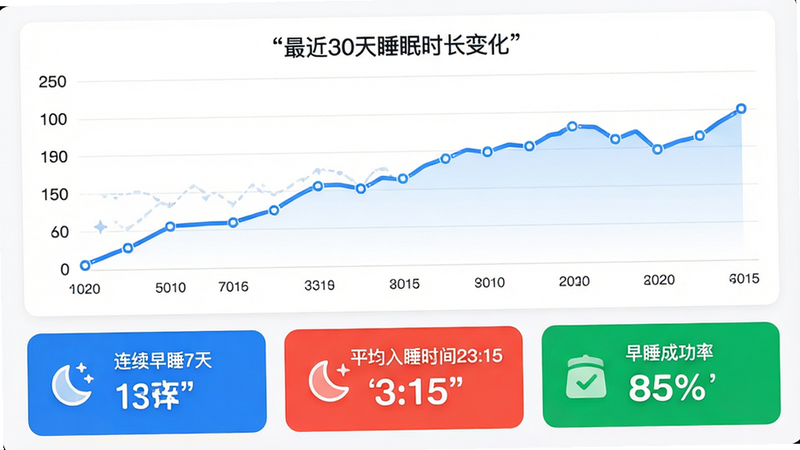 数据图表展示界面,背景为白色,中央是一个清晰的蓝色折线图,显示“最近30天睡眠时长变化”,下方有三个关键数据卡片:“连续早睡7天”、“平均入睡时间23:15”、“早睡成功率85%”,排版整齐,色彩对比鲜明,风格专业且友好,细节丰富,画质高清,无多余装饰,文字加引号