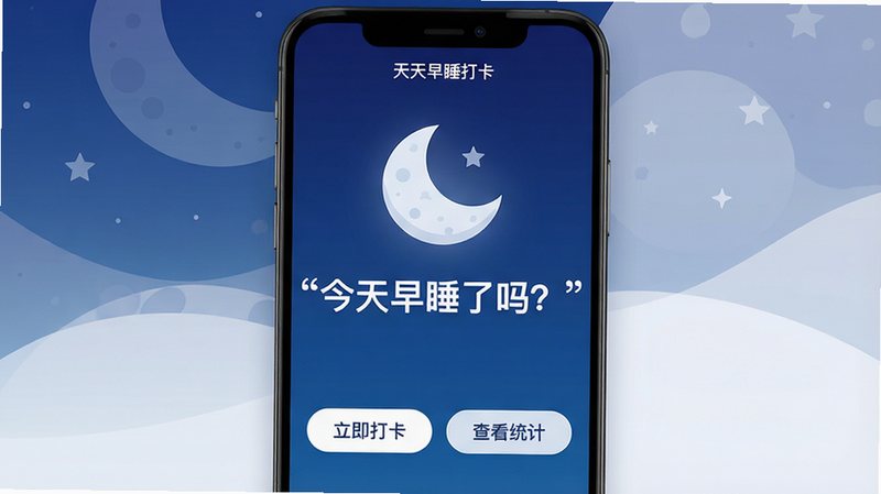 一张极简风格的手机界面展示图,主体为“天天早睡打卡”APP首页,背景为深蓝色渐变,中央显示一个巨大的月亮图标和醒目的白色文字“今天早睡了吗?”,下方有两个大按钮“立即打卡”和“查看统计”,整体布局居中,排版清晰,风格扁平化,细节精致,画质高清,干净无多余元素,文字加引号