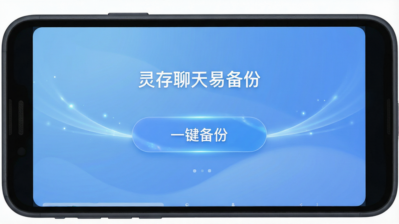 主体为安卓手机屏幕,显示“灵存聊天易备份”应用界面,界面中央有醒目的“一键备份”按钮,背景为柔和的科技蓝渐变色,布局简洁清晰,排版居中对称,风格现代简约,细节处有微弱的流光效果,画质高清,干净无多余元素,手机外壳为深灰色,文字“灵存聊天易备份”清晰可见