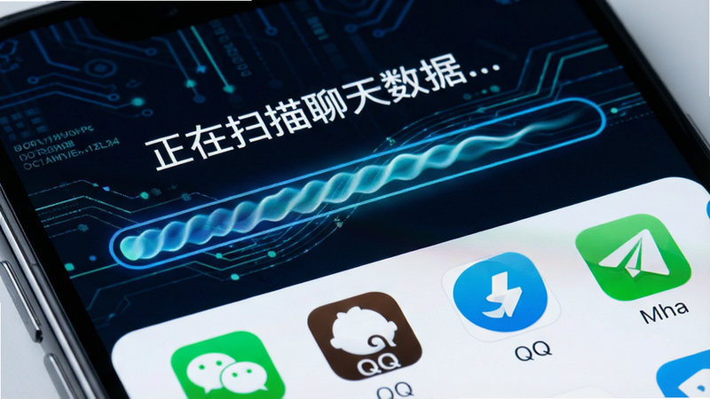 主体为手机屏幕特写,显示扫描进度条,进度条呈现动态流动效果,上方显示“正在扫描聊天数据...”,下方列出微信、QQ等应用图标,布局上下结构,排版紧凑有序,风格科技感强,细节处有数据流线条装饰,画质清晰,干净无多余元素,文字“正在扫描聊天数据...”清晰可见