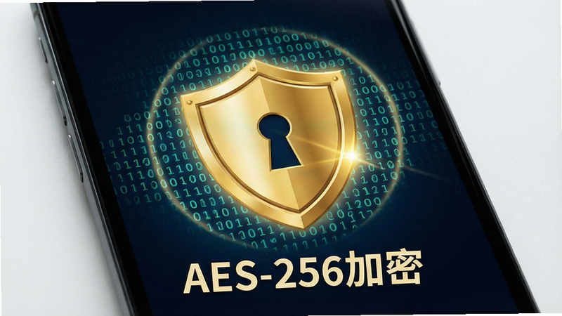 主体为手机屏幕,显示一个金色的盾牌图标,盾牌中心有锁孔图案,周围环绕着二进制代码流,布局中心对称,排版庄重严谨,风格安全可信,细节处有光晕效果,画质逼真,干净无多余元素,文字“AES-256加密”清晰可见