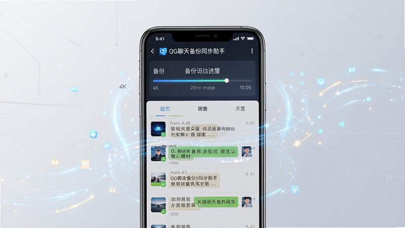 高清写实风格,主体为一款名为“QG聊天备份同步助手”的安卓手机应用界面预览图,背景为浅灰色渐变科技风,中心展示手机屏幕,屏幕内显示简洁的备份进度条与聊天列表缩略图,布局居中对称,排版整洁无杂乱元素,细节处体现数据流动态光效,画质4k,干净无多余水印