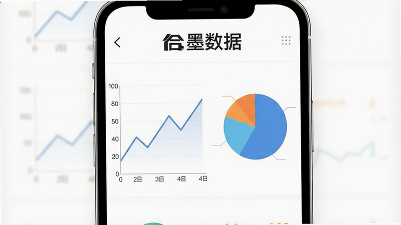 主体为手机屏幕上的折线图与饼图展示,文字“合墨数据”位于顶部,布局左右分栏,风格为简约商务风,白色背景,细节包含坐标轴标注,画质清晰,干净,无多余元素