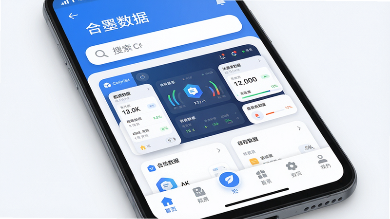 主体为安卓手机屏幕特写,显示“合墨数据”应用主界面,布局清晰,顶部为搜索栏,中部为数据仪表盘,底部为导航栏,风格为扁平化UI设计,蓝色与白色为主色调,细节包含图标阴影与圆角卡片,画质4k,干净,无多余元素