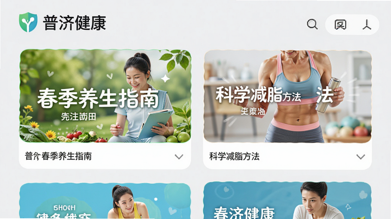 “普济健康”APP健康科普板块界面,展示几篇热门文章封面,如“春季养生指南”、“科学减脂方法”等,封面图片色彩丰富,吸引眼球,列表布局整齐,背景为浅灰色,强调内容的丰富性与易读性,风格活泼而不失专业,画质清晰,无多余装饰