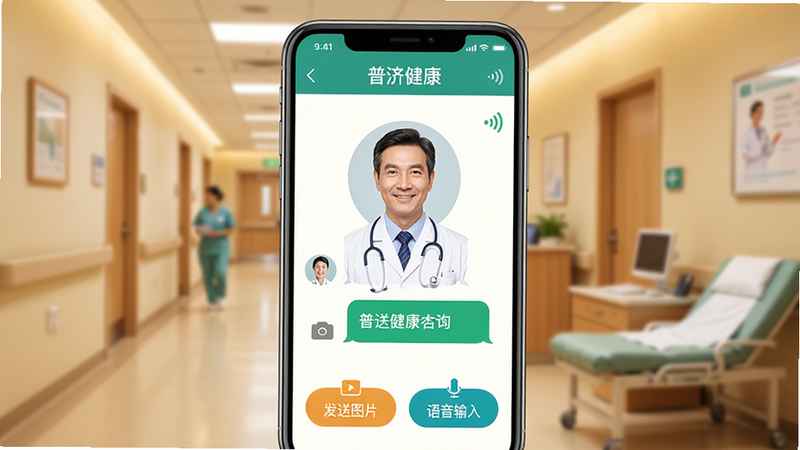 描绘“普济健康”APP在线咨询界面的场景,屏幕中央显示医生头像与对话气泡,下方有“发送图片”、“语音输入”按钮,背景隐约可见医院走廊或诊室环境,色调温暖舒适,强调沟通的便捷与专业,细节处有信号标志表示在线状态,画质高清,无杂乱元素