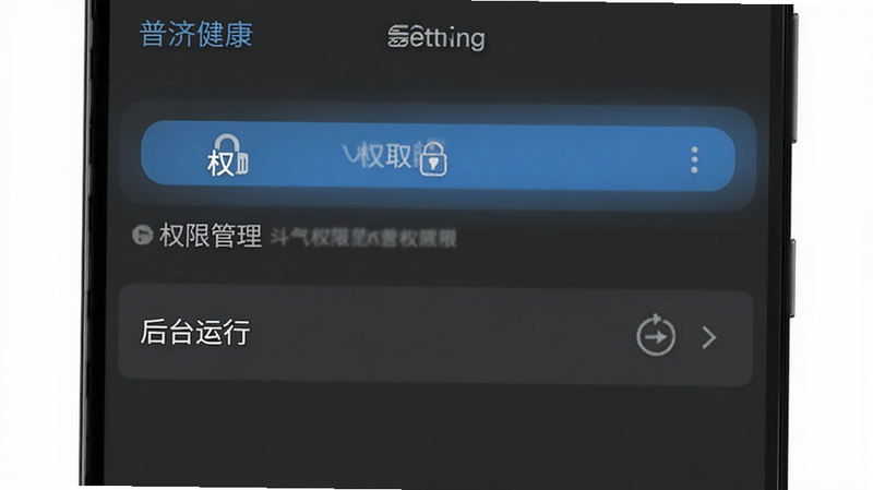 展示“普济健康”APP在安卓手机上的设置界面,重点突出“权限管理”和“后台运行”选项,界面简洁,按钮清晰,背景为深灰色,强调设置的便捷性与重要性,风格实用主义,画质高清,无多余元素