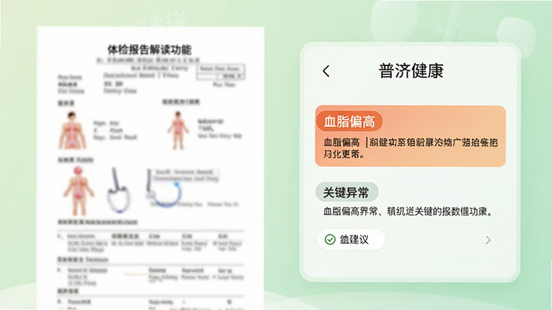 展示“普济健康”APP中体检报告解读功能的界面,左侧为一份模糊处理的体检报告扫描件,右侧为APP生成的解读卡片,高亮显示“血脂偏高”等关键异常项,并配有简短的文字建议,背景为淡绿色渐变,风格简洁明了,突出数据对比与建议的直观性,画质清晰,布局规整