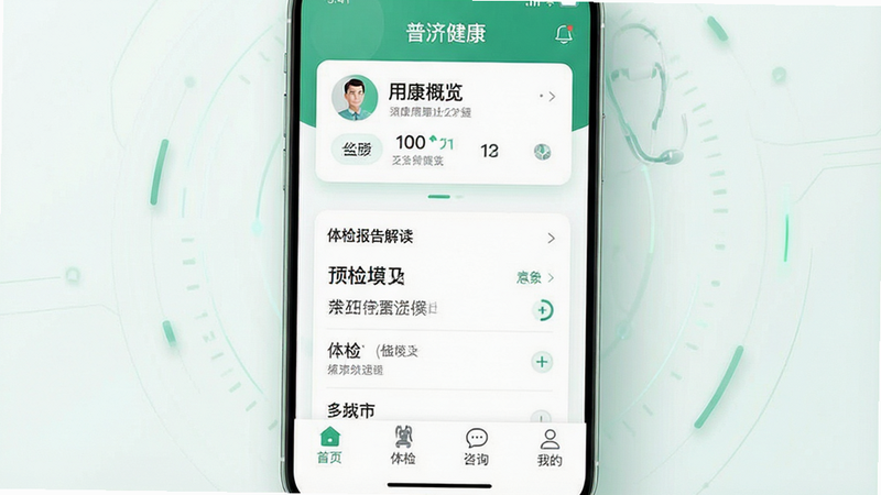 一张现代简约风格的健康管理应用界面概念图,主体为“普济健康”APP的主界面,布局清晰,顶部显示用户健康概览卡片,中部展示体检报告解读模块,底部导航栏包含“首页”、“体检”、“咨询”、“我的”四个图标,整体色调为清新的医疗绿与白色,风格专业且科技感强,细节处有柔和的光影效果,画质高清,干净无多余元素,文字标签清晰可见