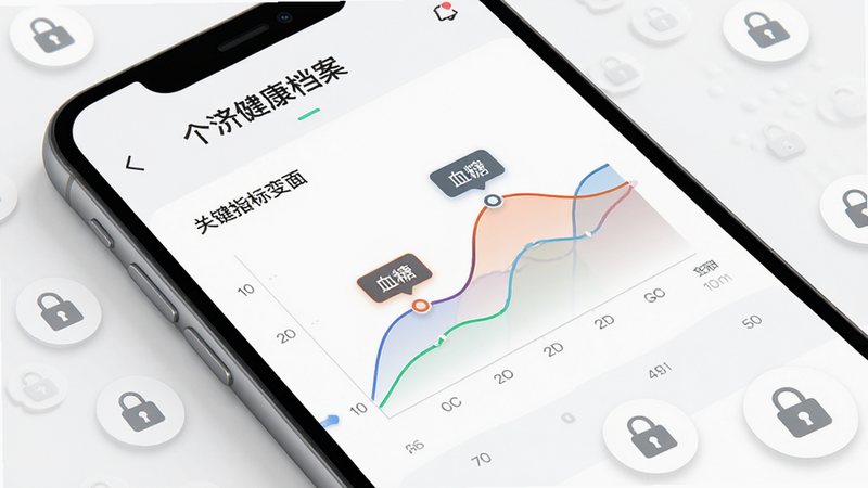 “普济健康”APP个人健康档案页面设计,采用时间轴布局,展示过去三年的血压、血糖等关键指标变化曲线,图表色彩鲜明,关键点有标注,背景为纯白色,突出数据的专业性与可读性,风格现代简约,细节处有锁形图标表示数据隐私保护,画质精致,干净清爽
