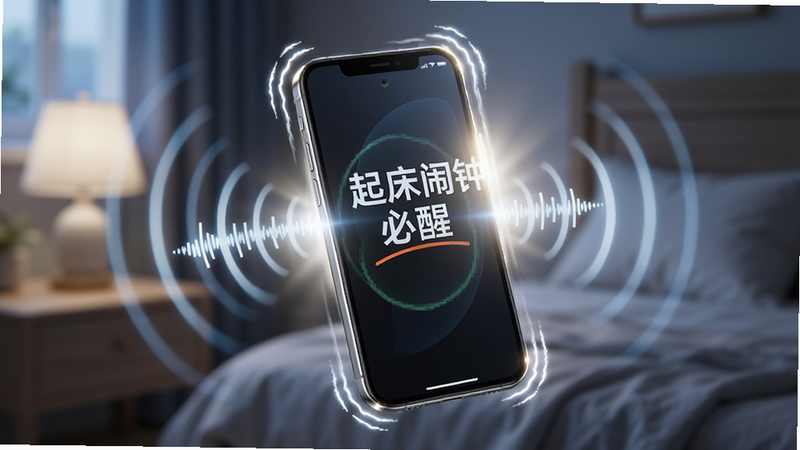 展示手机正在剧烈震动并发出强光的场景,手机屏幕显示“起床闹钟必醒”正在运行,周围有表示声音和震动的动态波纹特效,背景模糊处理以突出手机主体,科技感强,细节丰富,高清
