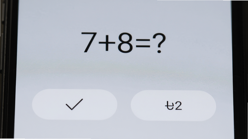 手机屏幕上显示一道简单的数学题“7+8=?”,下方有两个选项按钮,界面清晰直观,背景为柔和的浅灰色,强调交互的清晰度,无其他干扰元素,高清,干净